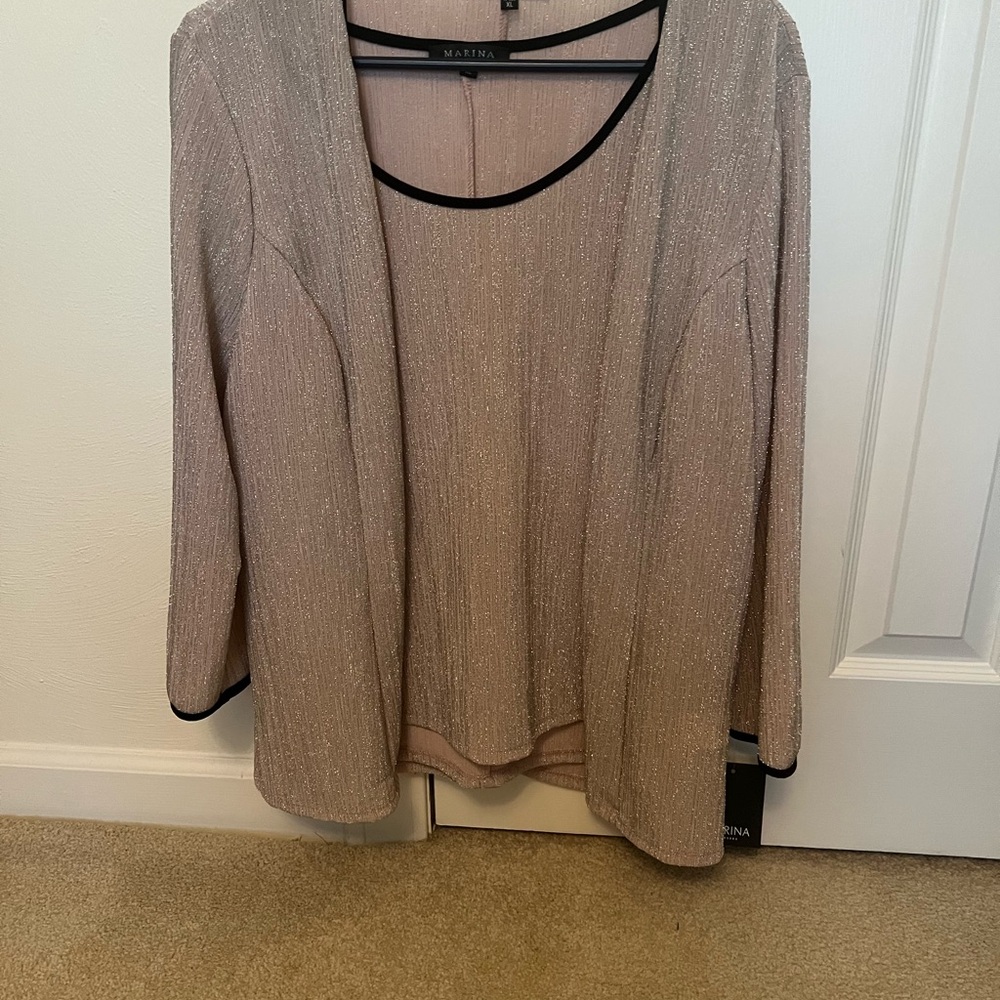 Two piece sweater set; rose color w silver shimmer and black trim; 3/4 sleeves